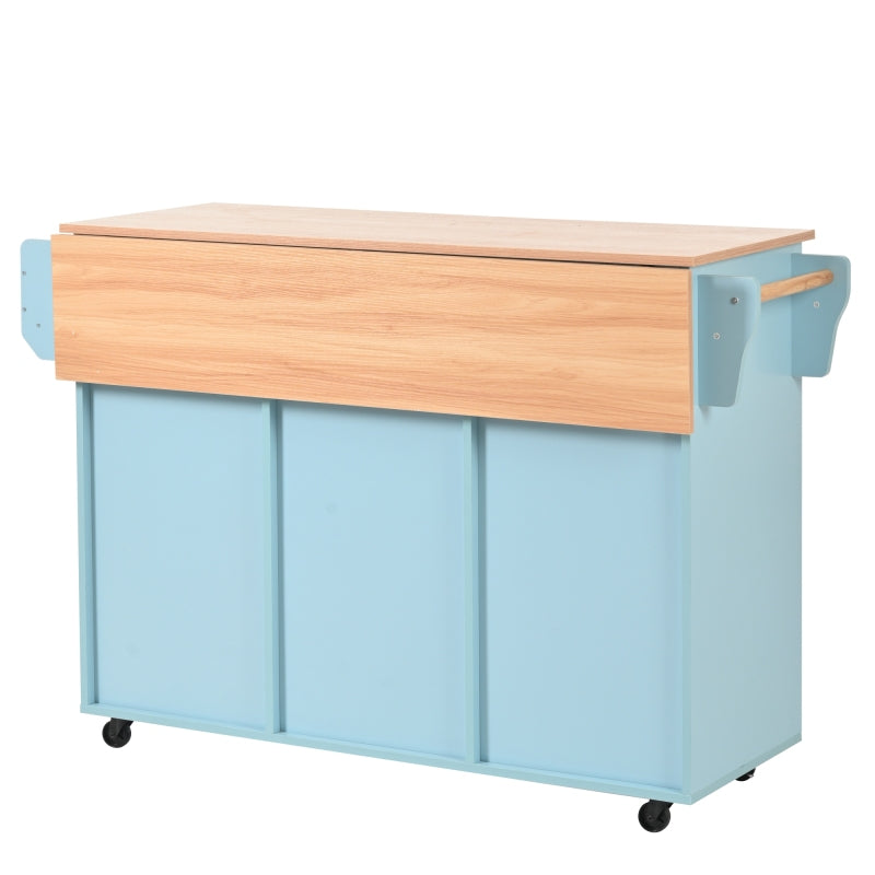 139x46(71)x91,5 cm großer Esswagen/Anrichte, Korpus Blau + Arbeitsplatte in Massivholzmaserung, klappbare Arbeitsplatte, Ablagetür, Rollen, auswechselbare Massivholzfüße, geeignet für Esszimmer, Küche