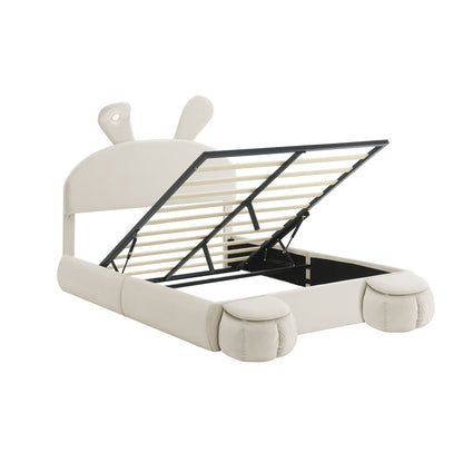 Polsterbett, Doppelbett, hydraulisches Bett, Hasenohren mit einstellbarer Helligkeit warmfarbenen Lichtstreifen, Stauraum unter dem Bett, zwei Aufbewahrungshockern, Samt, Beige, 140x200cm