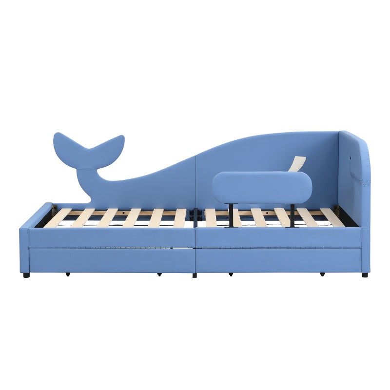 Kinder-Spleißbett, Polsterbett, Tagesbett, Walförmiges Design, Schlafsofa mit Metallbettgestell, 2 Schubladen auf Rollen, PU+MDF+Sperrholz, Blau, 90x200cm