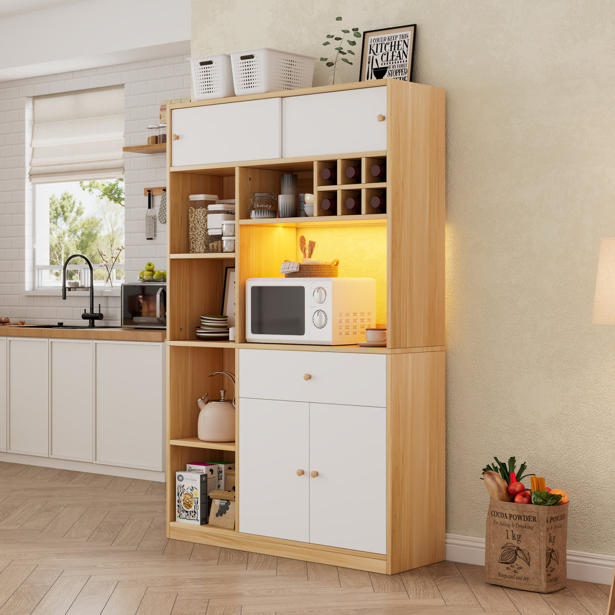 Küchenschrank 115×35×180 cm mit LED, Küchenbuffet mit Schublade, 3 Türen & Regalen, Hochschrank für Mikrowelle – Weiß/Natur