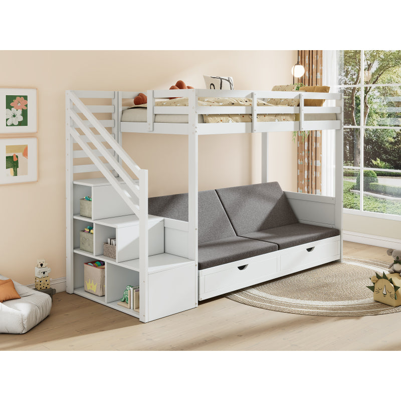 Kinder-Etagenbett, Doppelbett, multifunktionales Kinderbett,Mit Treppenschrank und 2 Schubladen, ohne Matratze, Die untere Ebene als Bett oder Sofa genutzt und enthält Kissen , weiß, 90*200
