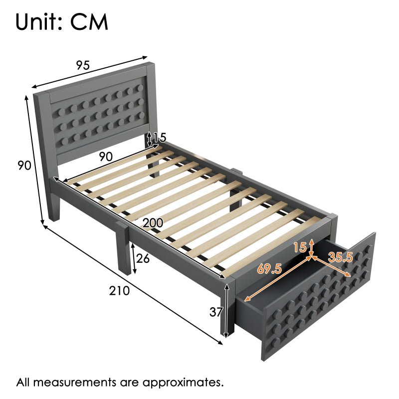 Holzbett Einzelbett 90x200 cm, Kinderbett Jugendbett mit Kreativem Block Design, Massivholz Bettgestell mit Lattenrost, mit Schubladen & Unterm Bett Stauraum, Grau, Ohne Matratze