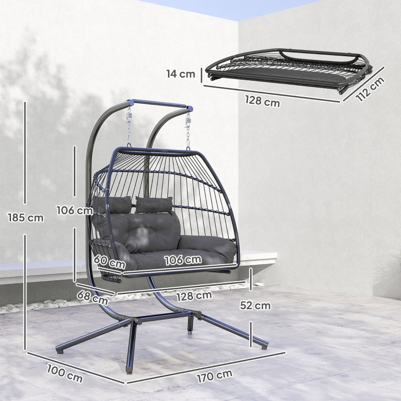 Hängesessel mit Gestell faltbar Hängekorb mit Kissen, Polyrattan, für 2 Personen, belastbar bis 260kg Sessel für Balkon Terrasse, Dunkelgrau