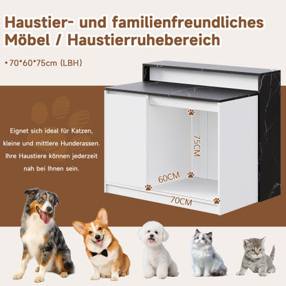 Kücheninsel Schwarz/Weiß Marmoroptik 120x60x90 cm mit Bartresen, Esstisch & integriertem Haustier-Ruhebereich, multifunktional