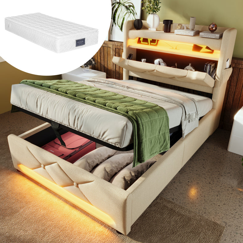 Polsterbett Doppelbett 180*200, Stauraum Kopfteil mit USB und Typ C-Port ,360-Surround-LED-Funktion rund um Kopf- und Fußende des, Betten mit Hydraulisch Stauraum, Grau , Leinen(Ohne Matratze)