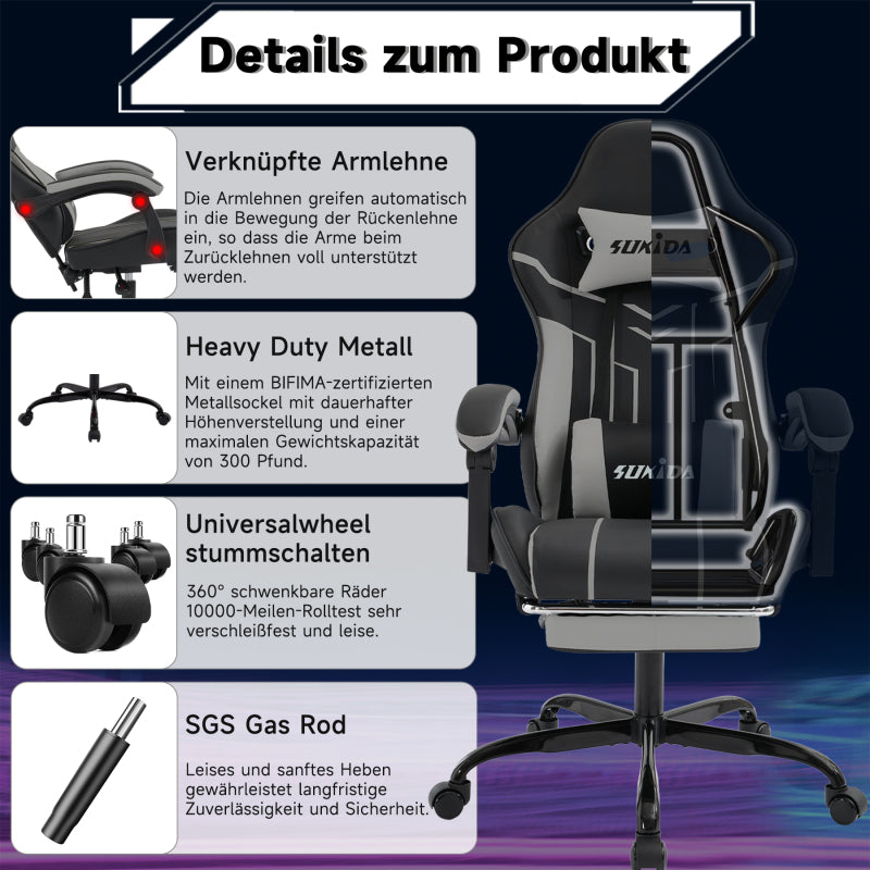 Gaming Stuhl Computerstuhl Ergonomischer Gaming Chair mit Fußstütze Bürostuhl Ergonomischer Computerstuhl mit Lendenwirbelstütze BlackGrey