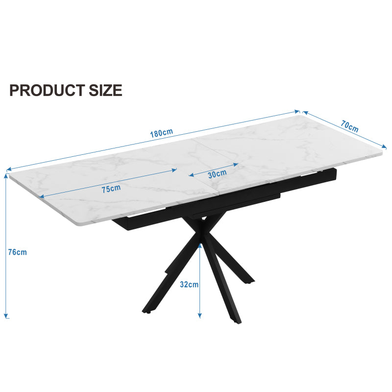 Erweiterbarer Esstisch,  L150/180 x B70 x H76 cm, Kreuzbein-Design, Marmorstruktur, Schwarz und Weiß