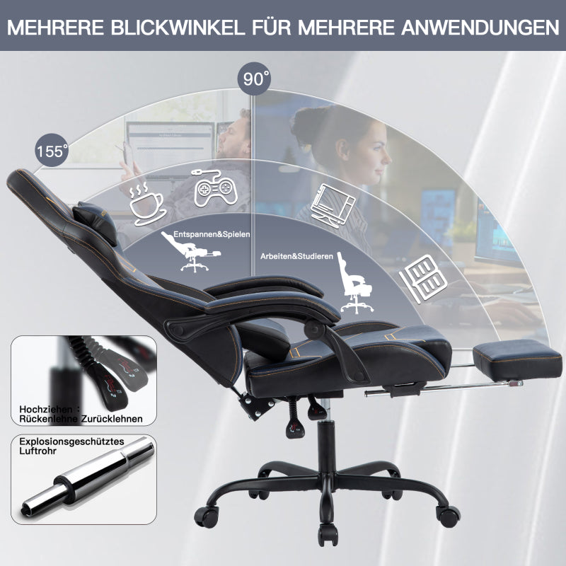 Gaming Stuhl Ergonomisch Gaming Chair Bürostuhl mit Fußstütze Racing Computerstuhl Höhenverstellbar Gepolstert Computerstuhl Lendenwirbelstütze Blau