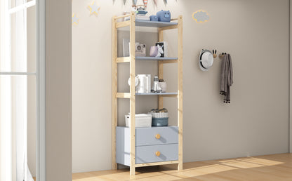 Standregal, 2 Schubladen, 4 Ebenen Bücherregal, Kieferrahmen, Vollholzgriffen, für Wohnzimmer, Schlafzimmer, Bücherzimmer, blau+natürliches Holz