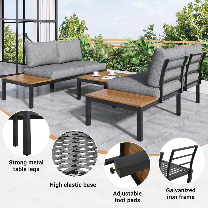 Garten-Lounge-Set (2 Zweisitzer, 2 Beistelltische, 1 Tisch), Tischplatte aus massiver Akazie, Stoffbezug für Rückenlehne, grau(previous sku:HW00005AAE)