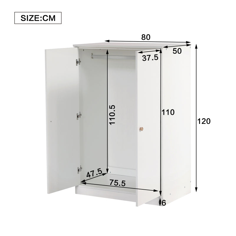 Kleiner Kleiderschrank mit Stange, 2-türiger Kleiderschrank, Schlafzimmer, Wohnzimmer, Kinderkleiderschrank, MDF, Weiß