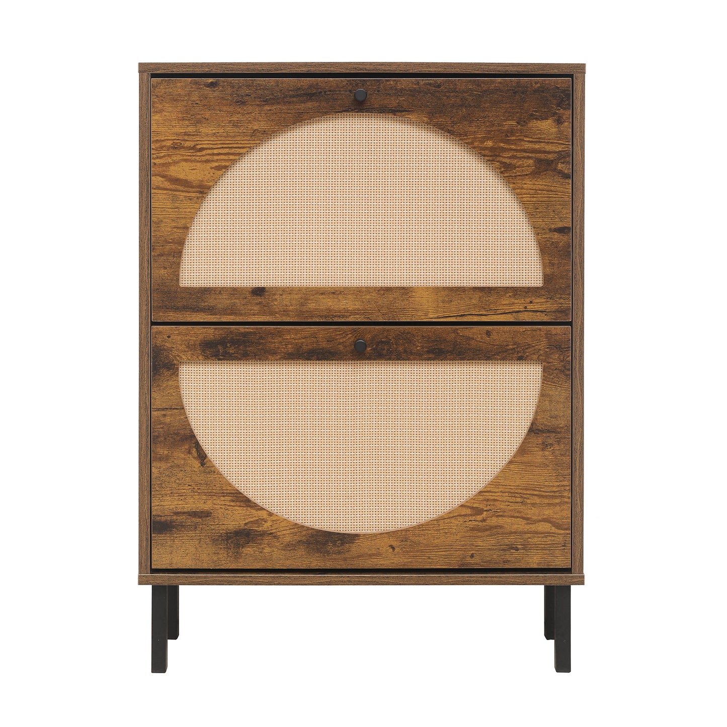 Schuhschrank mit zwei Türen, austauschbaren halbrunden Türfronten und Rattan-Oberfläche, geeignet für den Eingangsbereich und andere Szenen, Vintage-Braun