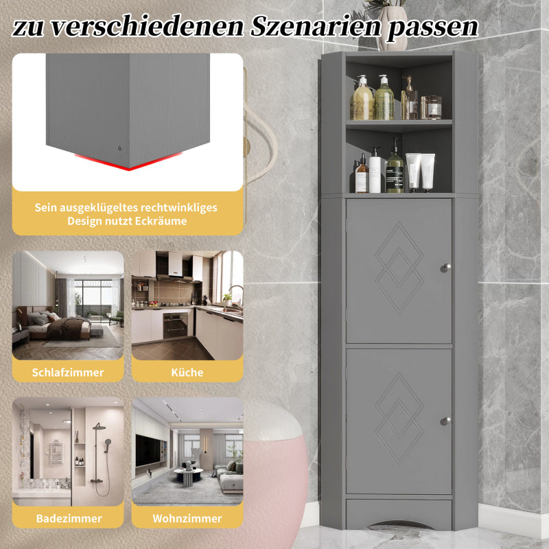 Badschrank, Badmöbel, Eckschrank mit zwei Ablagefächern, offenes Fach mit verstellbarem Einlegeboden, 36.5x 36.5 x 155 cm, hellgrau
