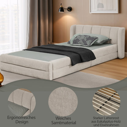 Einzelbett 90x200 cm, hautfreundlicher Chenille Stoff, komfortables Rückenlehne, auch als Kinderbett geeignet, Beige (ohne Matratze)