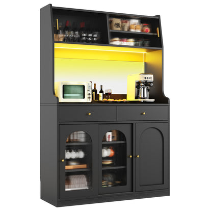 Küchenschrank, Esszimmerschrank mit 2 Schubladen, Sideboard mit LED-Beleuchtung, schwarz