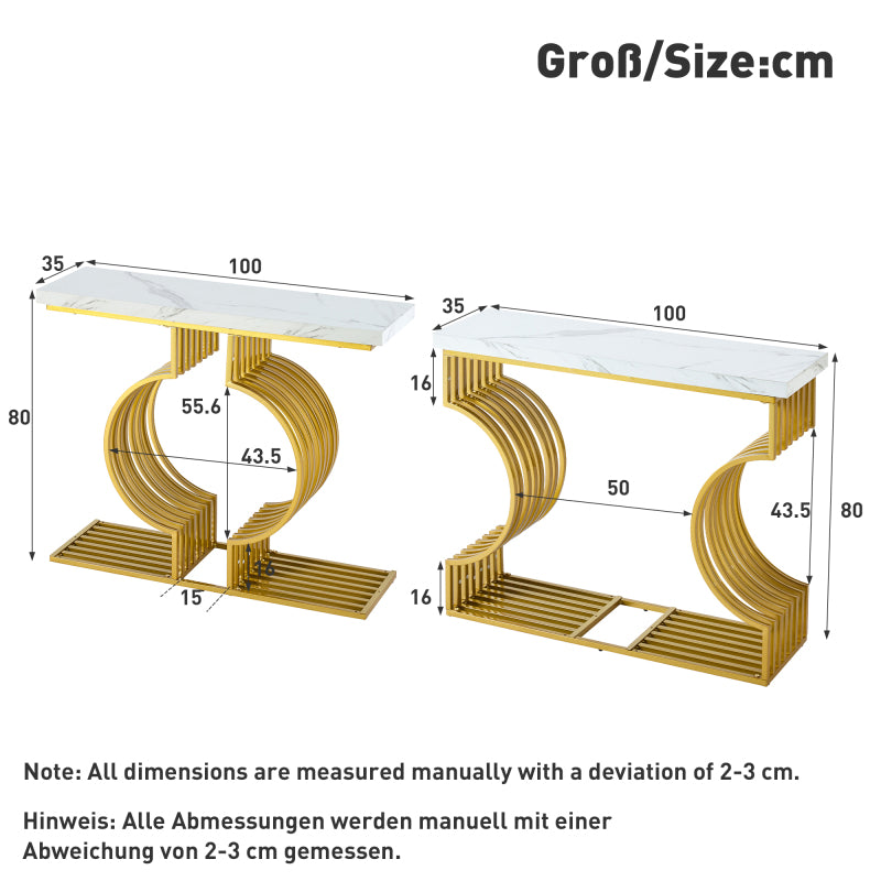 100*35*80cm moderner schlichter weißer Hochglanz-Couchtisch, kleiner Beistelltisch für das Wohnzimmer, Konsolentisch, goldener Fuß, zwei Aufstellmöglichkeiten