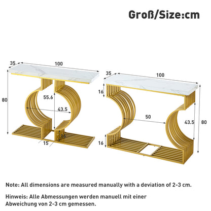 100*35*80cm moderner schlichter weißer Hochglanz-Couchtisch, kleiner Beistelltisch für das Wohnzimmer, Konsolentisch, goldener Fuß, zwei Aufstellmöglichkeiten