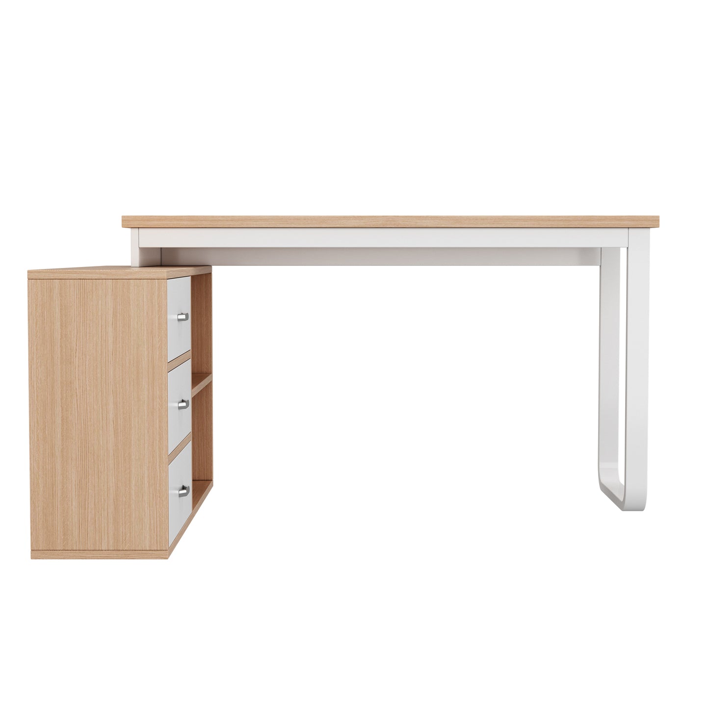 Schlichter Schreibtisch, Büro Schreibtisch, drei Schubladen, zwei offene Ablagefächer, stabile Tragfähigkeit, natur