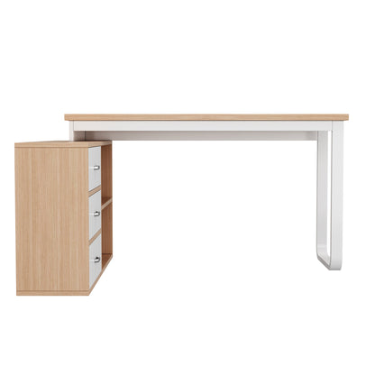 Schlichter Schreibtisch, Büro Schreibtisch, drei Schubladen, zwei offene Ablagefächer, stabile Tragfähigkeit, natur