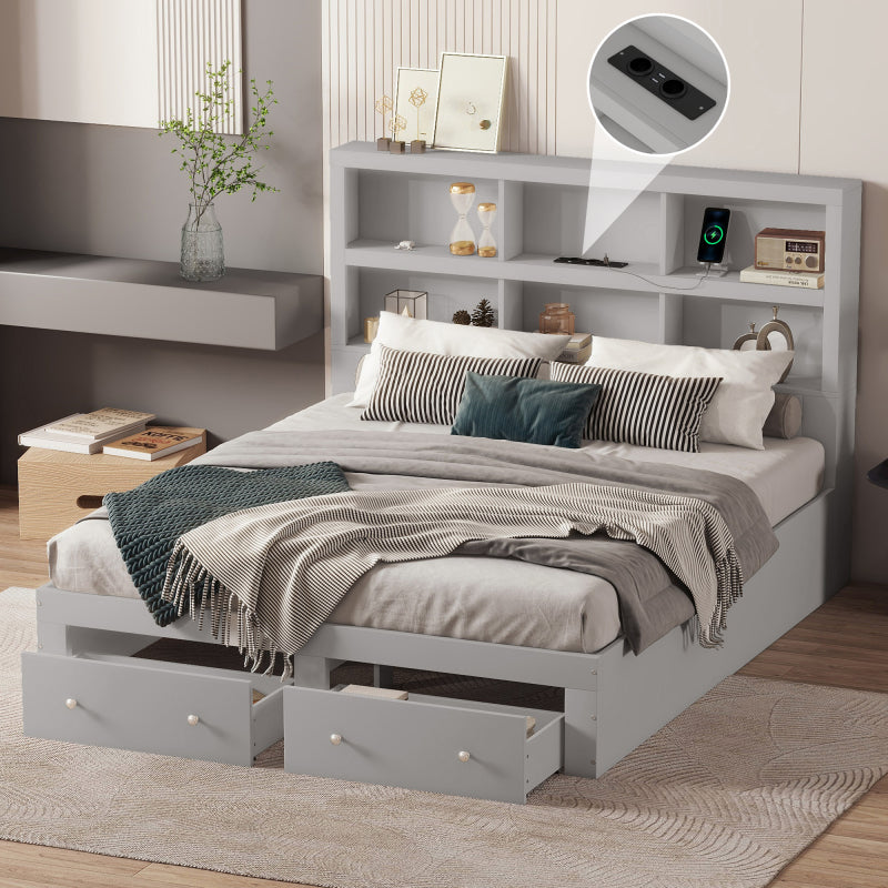 160*200cm Doppelbett, Kingsize-Plattformbett mit zwei Schubladen am Fußende des Bettes, Kopfteil mit Stauraum, Grau