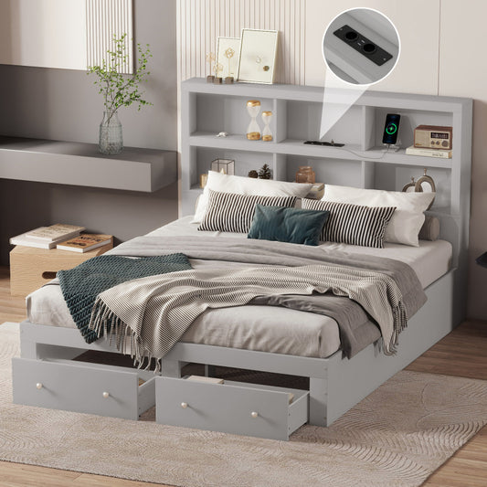 160*200cm Doppelbett, Kingsize-Plattformbett mit zwei Schubladen am Fußende des Bettes, Kopfteil mit Stauraum, Grau