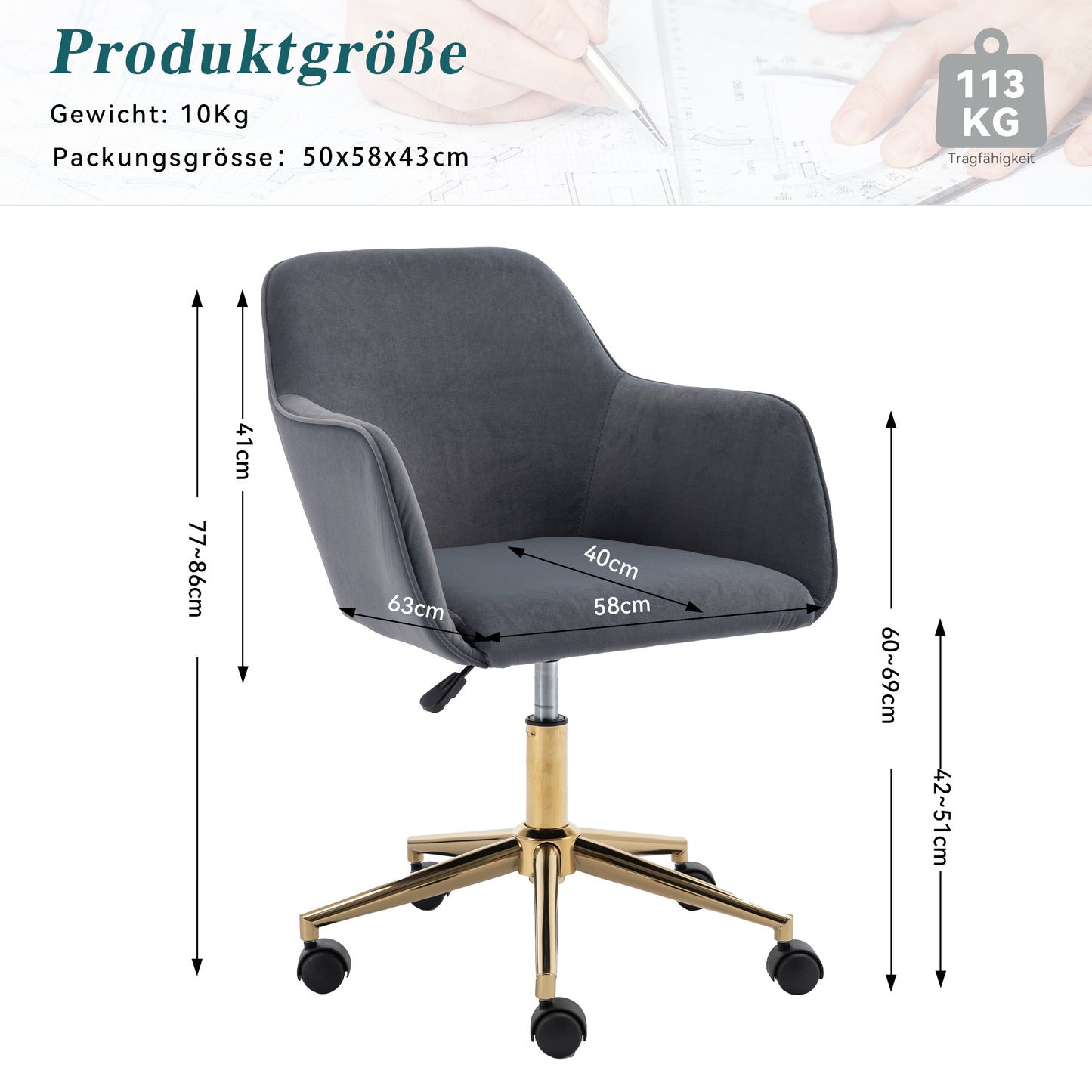 Neuer höhenverstellbarer Drehstuhl aus Samtstoff für das Büro im Innenbereich mit goldenen Beinen, grau
