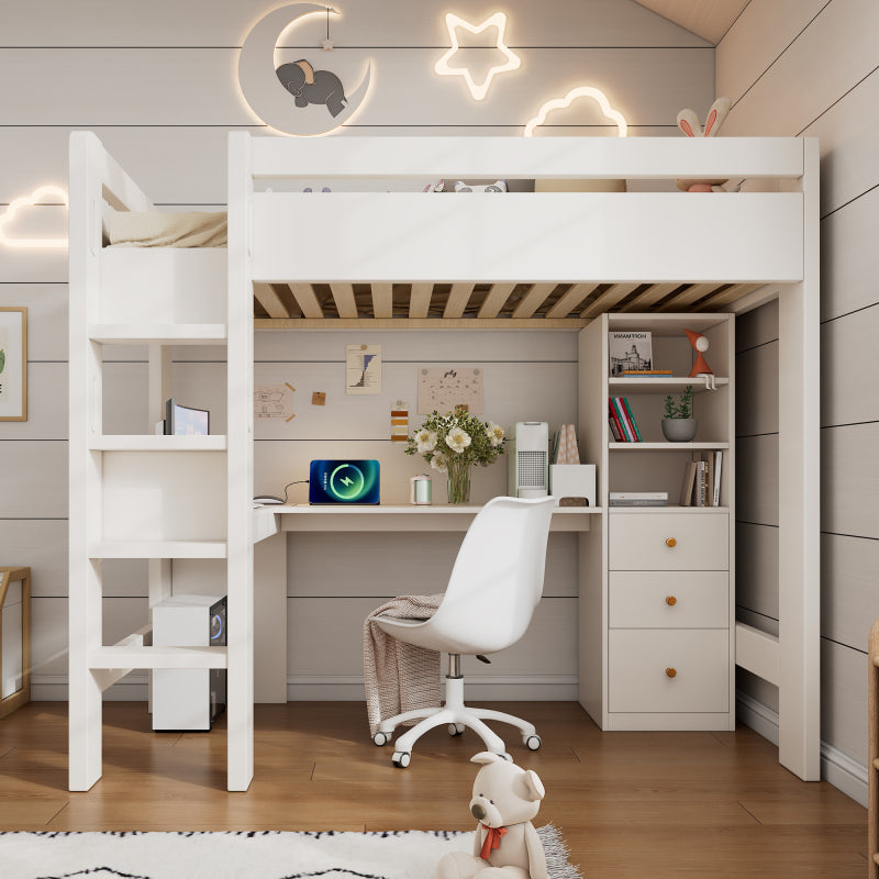 Kinderbett Hochbett mit L-förmigem Schreibtisch, Regalen und Schubladen mit USB/Type-C Ladebereich, Jugend-Einzelbett mit Leiter und Holzlattenrost, 90×200cm, Weiß, ohne Matratze.
