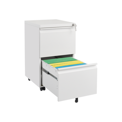 Metal 2 Drawer Mobile File Cabinet with Lock, Under Desk Office Steel Filing Cabinet, 25.6''H Legal/Letter Size Files Storage Cabinet,White