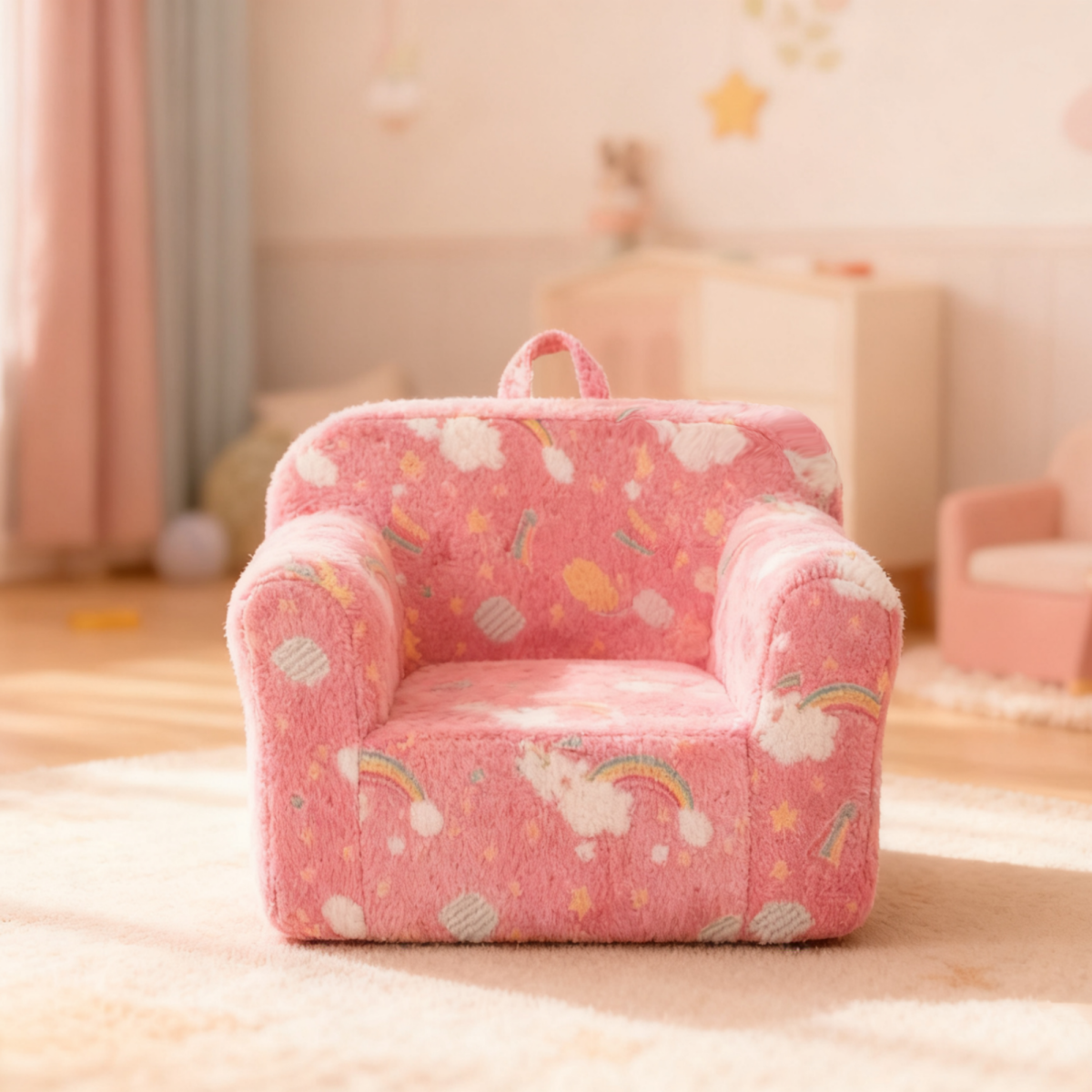 Kindersofa 3in1 mit leuchtendem Cartoon-Muster, Armlehne, waschbar, leicht, Pinkes Regenbogen