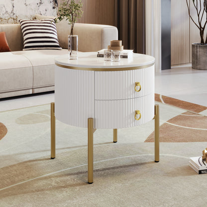 Beistelltisch, Couchtisch mit Schubladen, Marmorstruktur, goldenen Beinen und Griffen