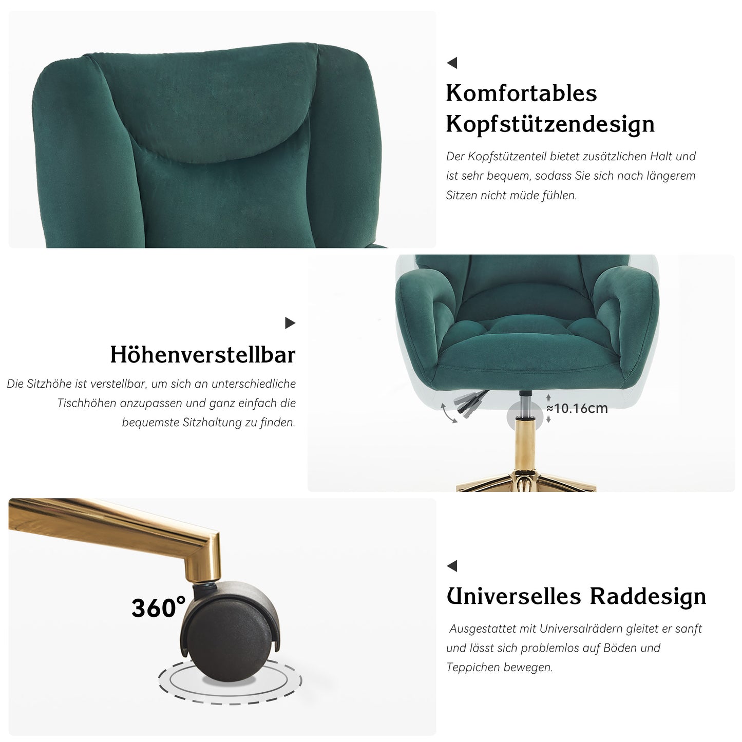 Full KD Samtstoffmaterial Höhenverstellbarer Drehstuhl für das Home-Office im Innenbereich mit goldenen Beinen, grün