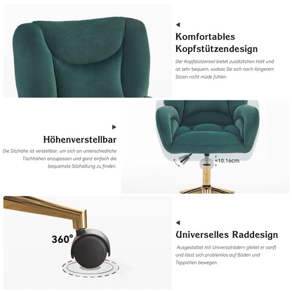 Full KD Samtstoffmaterial Höhenverstellbarer Drehstuhl für das Home-Office im Innenbereich mit goldenen Beinen, grün