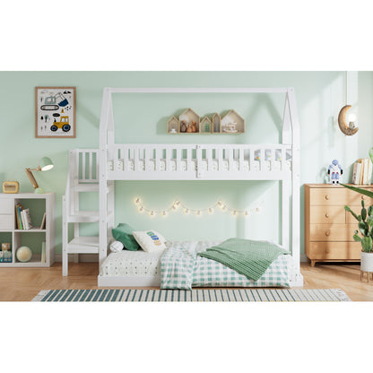[29994142WAA]Etagenbett, Hausbett mit Treppe, Kinderbett mit Fallschutz und Gitter, Rahmen aus Kiefer, weiß (90x200&140*190cm)