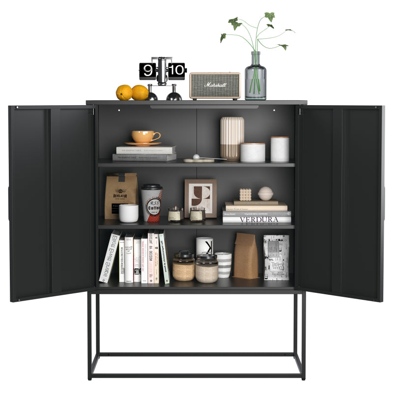 Metall-Sideboard,Lagerschrank– 2 Regale, freistehender Stahlschrank, Magnettüren, Anti-Kipp-Sicherung, Wohnzimmer, Küche, Büro, Schwarz, H 109 cm × B 85 cm × T 40 cm