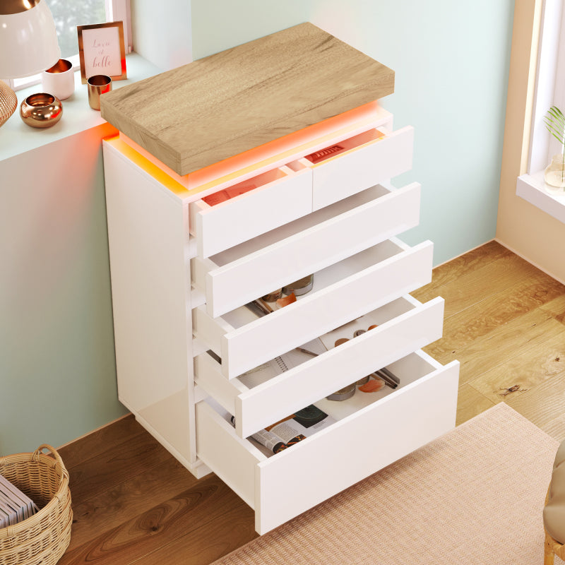 Kommode, Hochglanz Sideboard mit 6 Schubladen, LED Beleuchtung (App Control), Mehrzweckschrank für Wohnzimmer und Schlafzimmer, 115 x 73 x 39 cm, Weiß