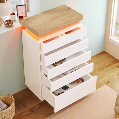 Kommode, Hochglanz Sideboard mit 6 Schubladen, LED Beleuchtung (App Control), Mehrzweckschrank für Wohnzimmer und Schlafzimmer, 115 x 73 x 39 cm, Weiß