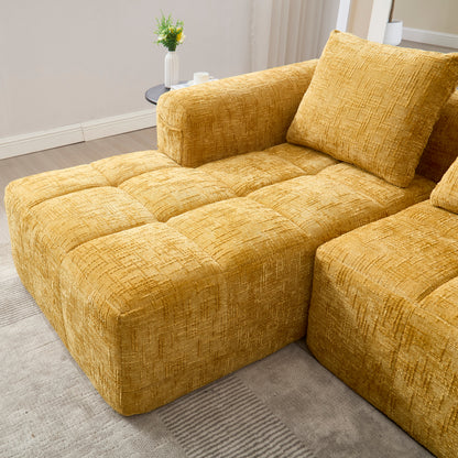 Modernes Sektionssofa, L-Sofa, 3-Sitzer-Sofa, keine Installation erforderlich, Chenille-Sofa mit Chaiselongue und Armlehnen, 3 Kissen, Seitentasche für Fernbedienung, Gelb