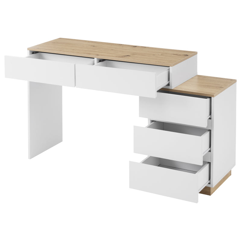 Schreibtisch mit 5 Schubladen,Frisiertisch, Funktion von Aufbewahrung, für Schlafzimmer , E1-Spanplatte, weiß+oak