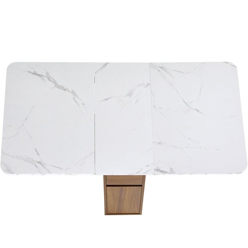 Ausziehbarer Bartisch mit Stauraum(110-124×78×97.5cm), für 2-6 Personen, Kücheninseln mit 2 Schubladen, 2 seitliche offene Regale und eingebaute Steckdose,Tischplatte aus weiß marmoriertem MDF,Braun