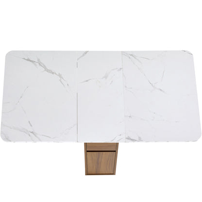 Ausziehbarer Bartisch mit Stauraum(110-124×78×97.5cm), für 2-6 Personen, Kücheninseln mit 2 Schubladen, 2 seitliche offene Regale und eingebaute Steckdose,Tischplatte aus weiß marmoriertem MDF,Braun