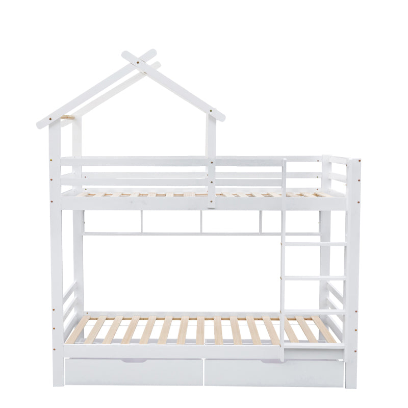 Etagenbett mit Schubladen und Regalen, Hausbett mit dreistufige rechtwinklige Leiter, Kinderbett mit Fallschutz und Gitter, Rahmen aus Kieferholz, Weiß (90x200cm)