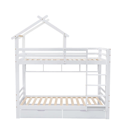 Etagenbett mit Schubladen und Regalen, Hausbett mit dreistufige rechtwinklige Leiter, Kinderbett mit Fallschutz und Gitter, Rahmen aus Kieferholz, Weiß (90x200cm)