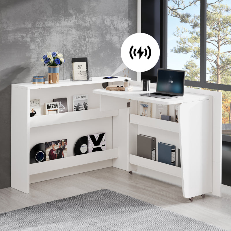 Faltbarer Schreibtisch mit Rollen & Wireless Charger–2-in-1 Sideboard & Arbeitsplatz, 115×27×93 cm (geschlossen, 95×51cm) White