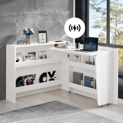 Faltbarer Schreibtisch mit Rollen & Wireless Charger–2-in-1 Sideboard & Arbeitsplatz, 115×27×93 cm (geschlossen, 95×51cm) White