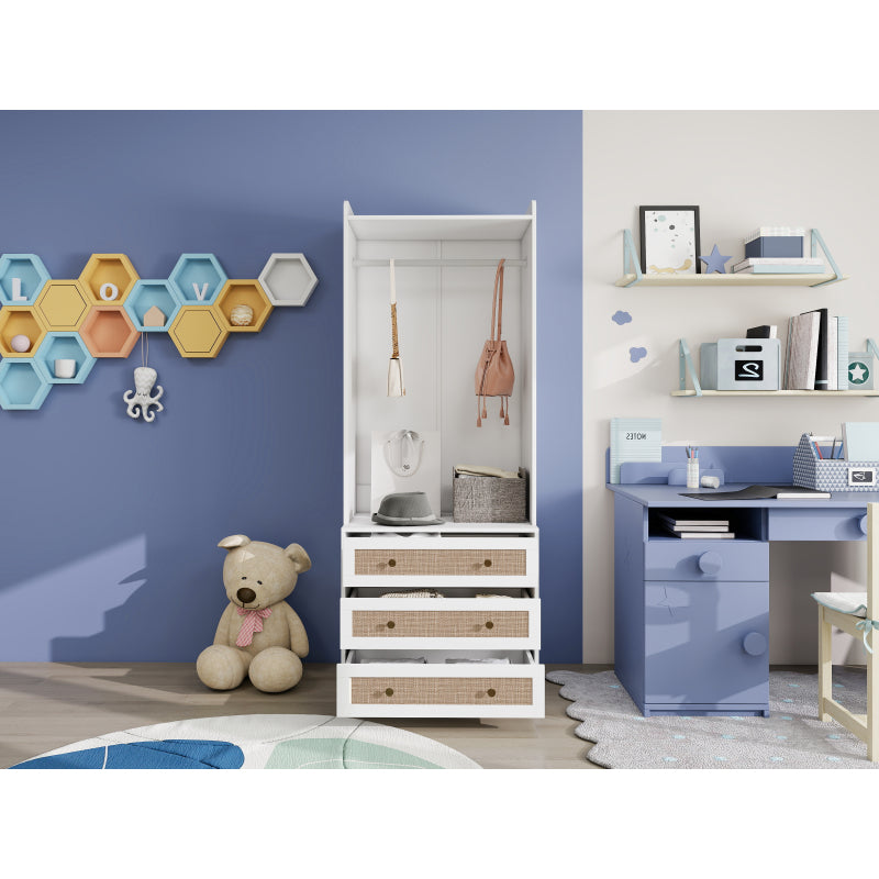 Weißer Kleiderschrank mit drei Schubladen – Garderobe mit Stauraumregal im Boho-Stil – Höhe 180 cm – ideal für Flur, Wohnzimmer, Schlafzimmer, Arbeitszimmer oder Büro.Maße:70*48*180cm