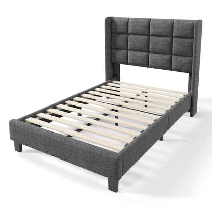 Modernes Design Polsterbett Mit seinem gepolstertes Kopfteil Einzelbett mit Lattenrost, 90x200cm ,in Grau Leinen, mittelfest (Ohne Matratze)