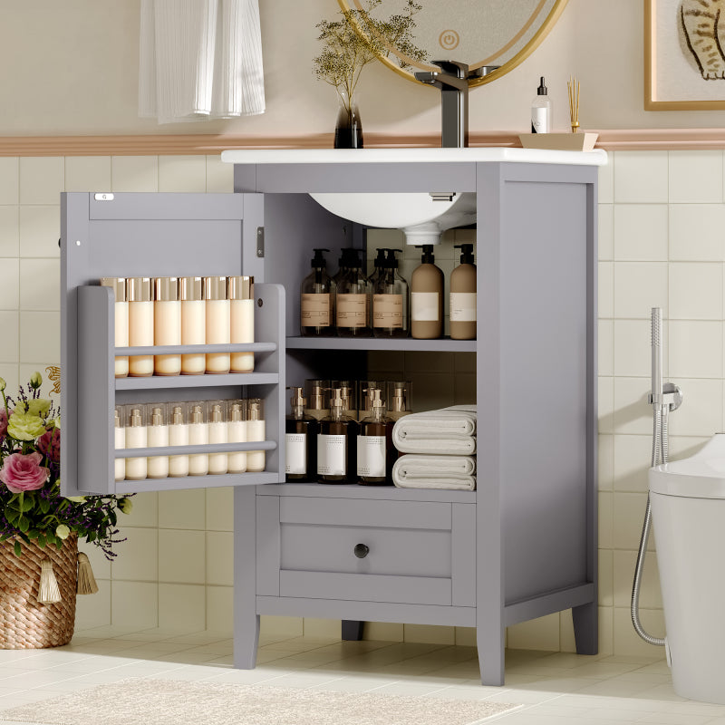 51x46x85cm Bodenstehender Badezimmerschrank mit Waschbe, Waschtisch,komplett lackiert, Türablage, geräuschlose Schublade mit großem Fassungsvermögen, verstellbares Regal, Keramikwaschbecken, Grau