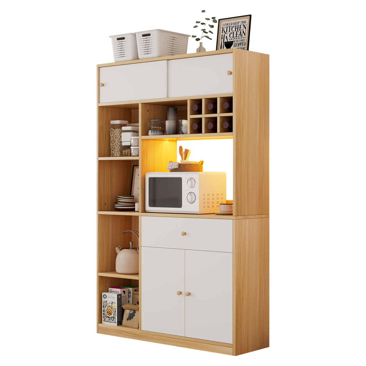 Küchenschrank 115×35×180 cm mit LED, Küchenbuffet mit Schublade, 3 Türen & Regalen, Hochschrank für Mikrowelle – Weiß/Natur