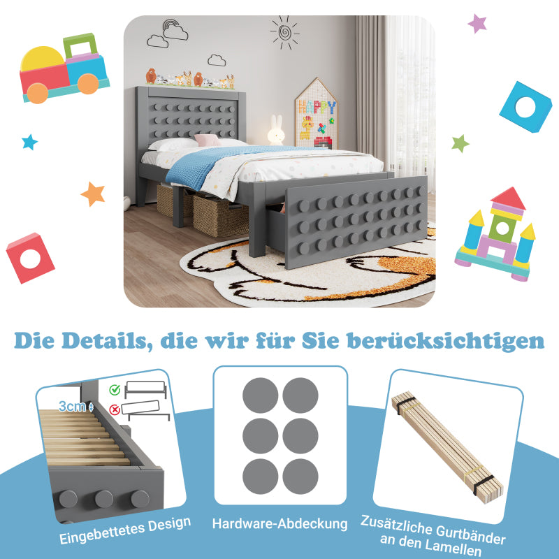 Holzbett Einzelbett 90x200 cm, Kinderbett Jugendbett mit Kreativem Block Design, Massivholz Bettgestell mit Lattenrost, mit Schubladen & Unterm Bett Stauraum, Grau, Ohne Matratze
