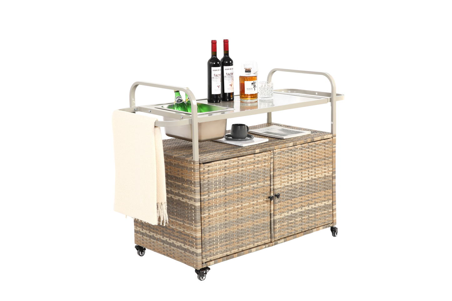 Outdoor Bar Table, Wicker Bar Cart with Cabinet, Patio Serving Cart with steel Top, with one ice bucket,Lockable Wheels, Side Basket for Garden, Poolside & Backyard, Beige